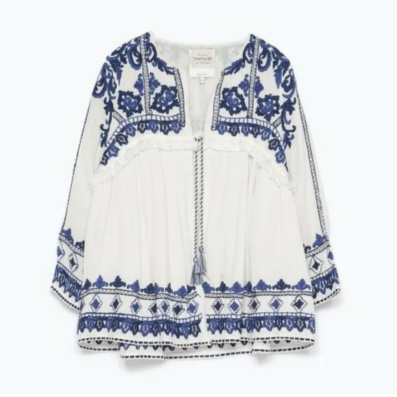 Zara Jackets & Blazers - ZARA Ecru & Blue Embroidered Swing Jacket Open Front – Size Small